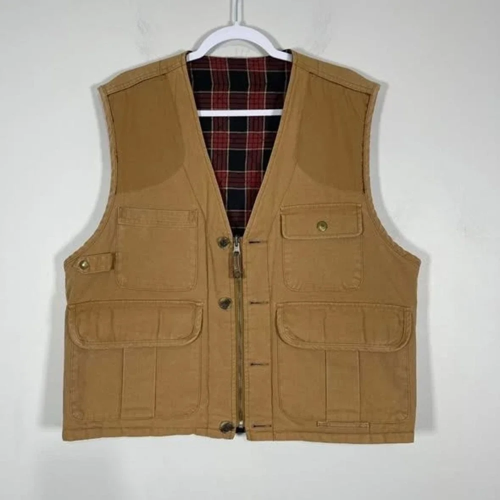 VTG Banana Republic Canvas Field Vest Men LG Hunting Utility Tan Plaid Lined USA